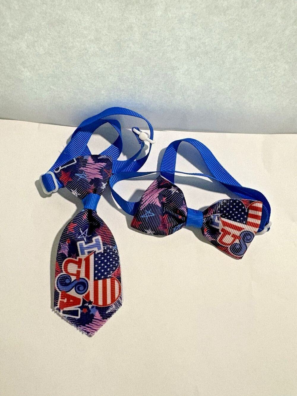 Bow Tie Necktie Set  250th July 4th USA Flag  I ❤️ USA  Dog Cat  7"+